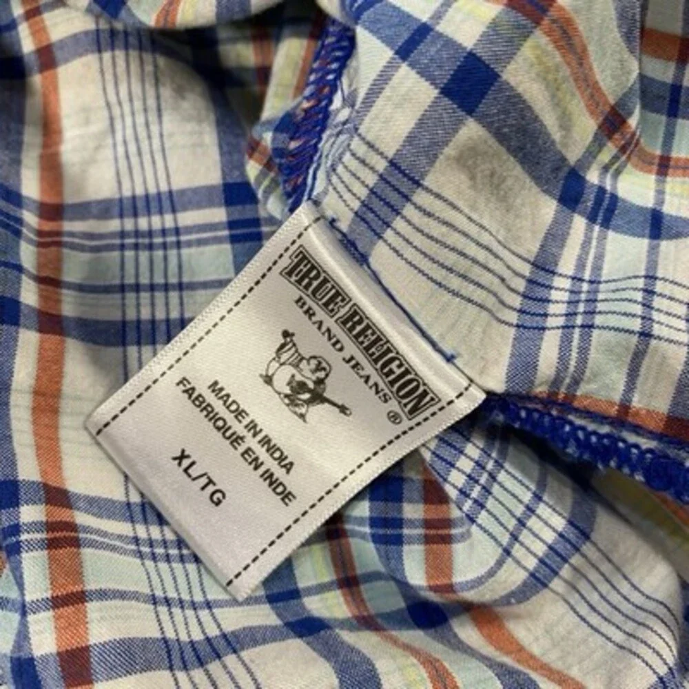 True Religion Pearl Snap Western Shirt XL‎ Blue Red Plaid Cowboy Y2K Preppy
